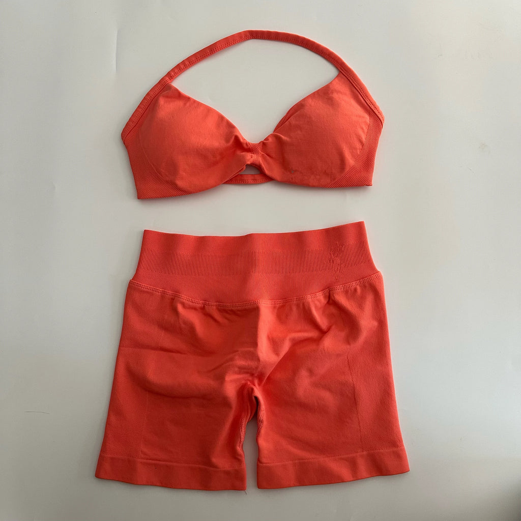 No Logo Yoga Gym Set Women Seamless Strappy Yoga Bra Top High Waist Workout Scrunch Shorts Sports Set Fitness Clothes Sportswear