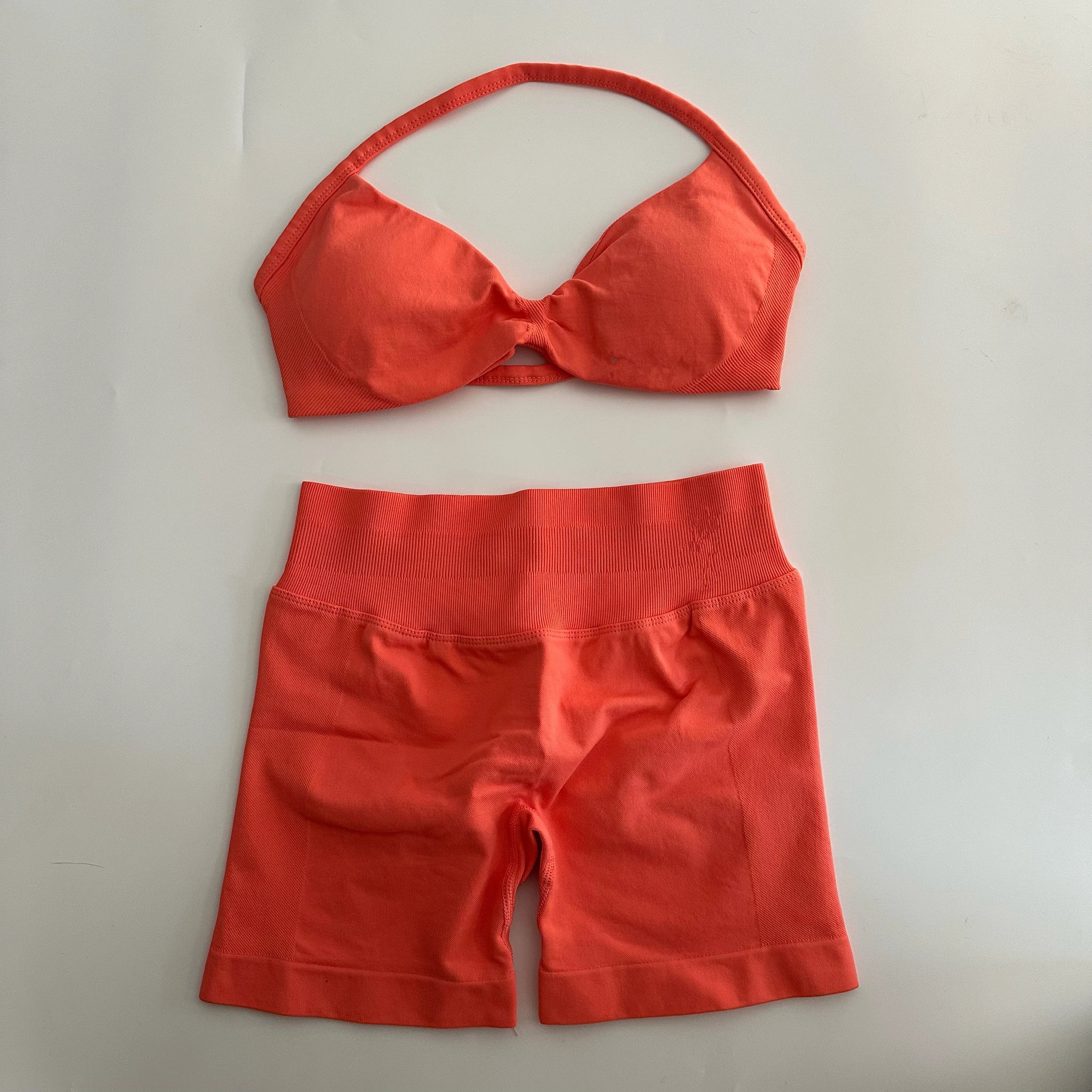 No Logo Yoga Gym Set Women Seamless Strappy Yoga Bra Top High Waist Workout Scrunch Shorts Sports Set Fitness Clothes Sportswear