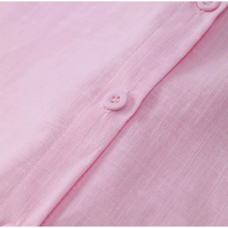 Women Casual Brown Cotton Linen Shirt Pants Suit Fashion Single Breasted Blouses Elastic Waist Pant Set 2025 Spring Loose Outfit