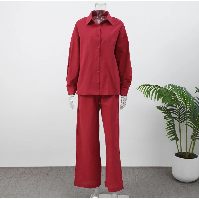 Women Casual Brown Cotton Linen Shirt Pants Suit Fashion Single Breasted Blouses Elastic Waist Pant Set 2025 Spring Loose Outfit