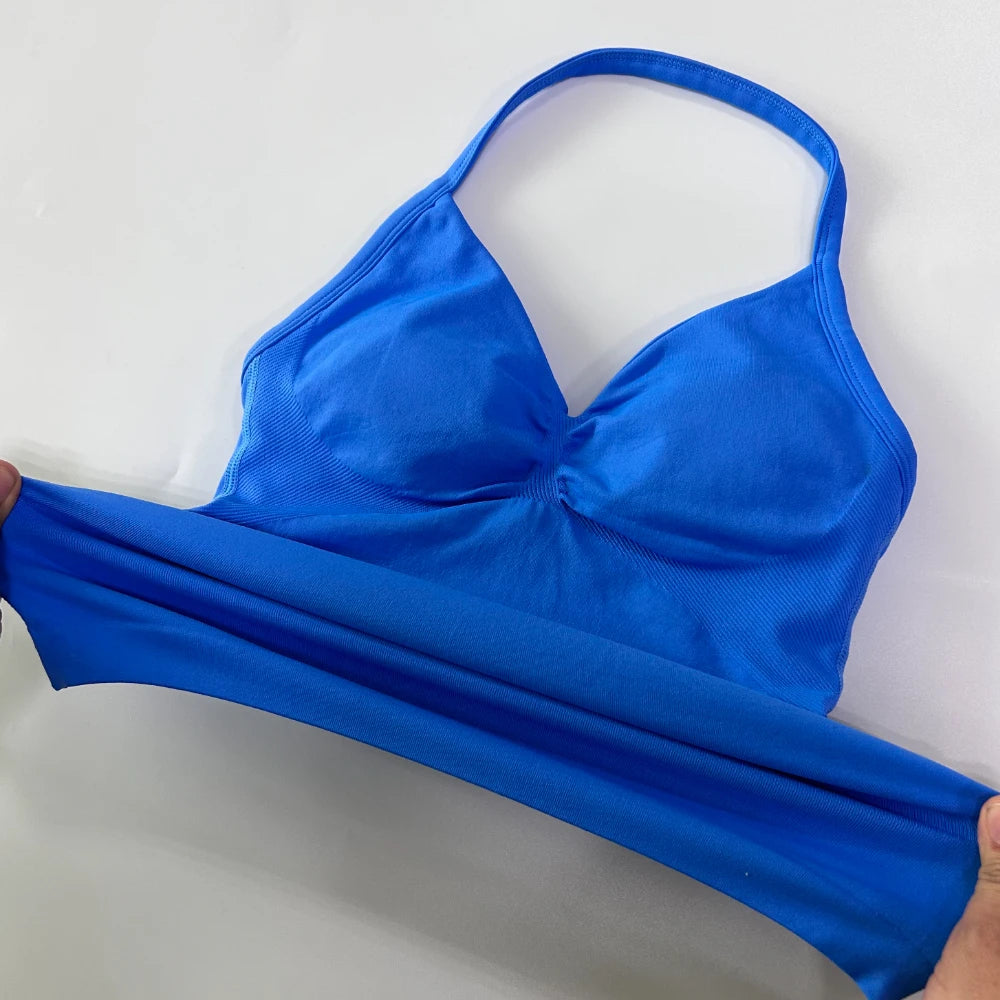 No Logo 2Pcs Gym Set Women Backless Tank Tops High Waist Scrunch Seamless Shorts Gym Suit Fitness Clothes Activewear Workout Set