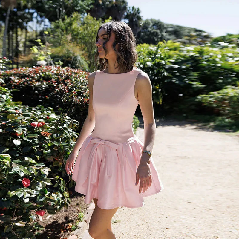 Tuularose Bow Sleeveless Dress Women Summer Pink Backless Sexy Slim Pleated Short Dress Elegant Party Evening Dress Vestidos Y2k