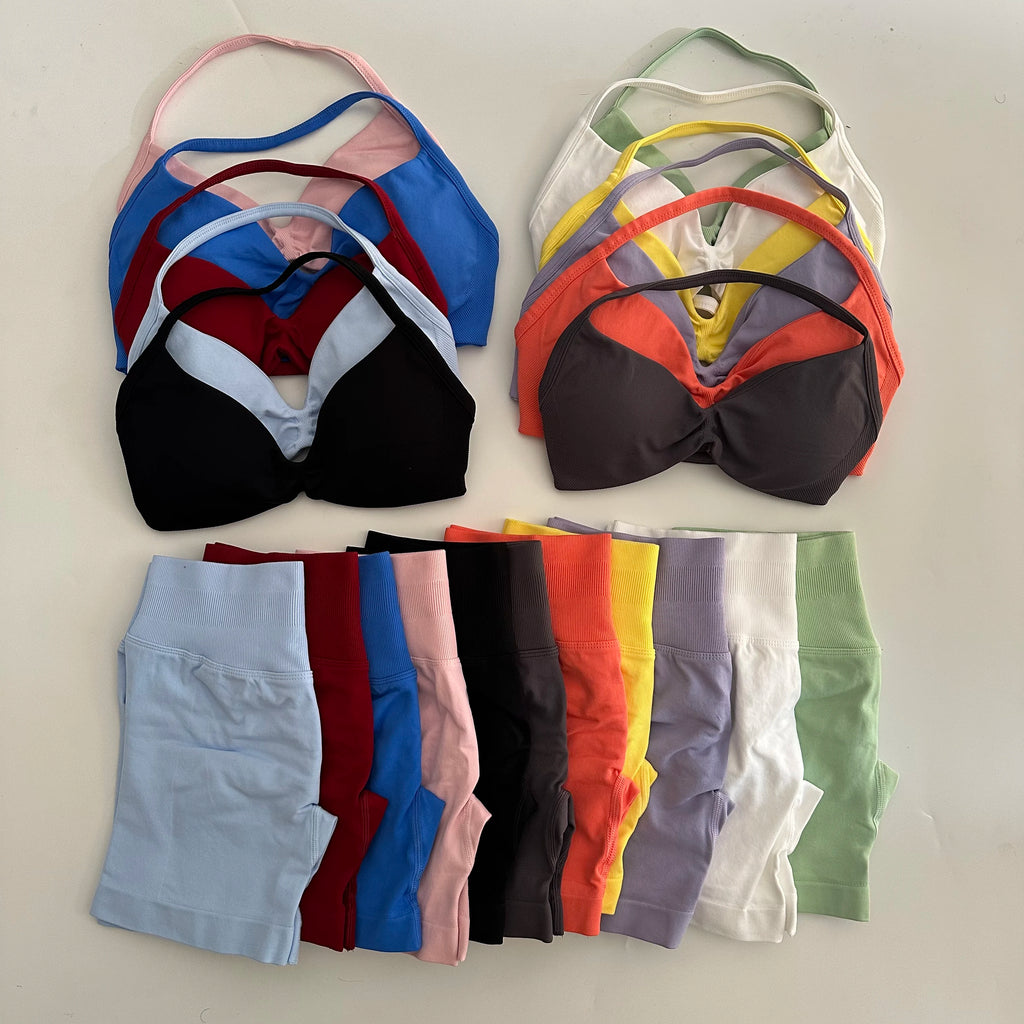 No Logo Yoga Gym Set Women Seamless Strappy Yoga Bra Top High Waist Workout Scrunch Shorts Sports Set Fitness Clothes Sportswear